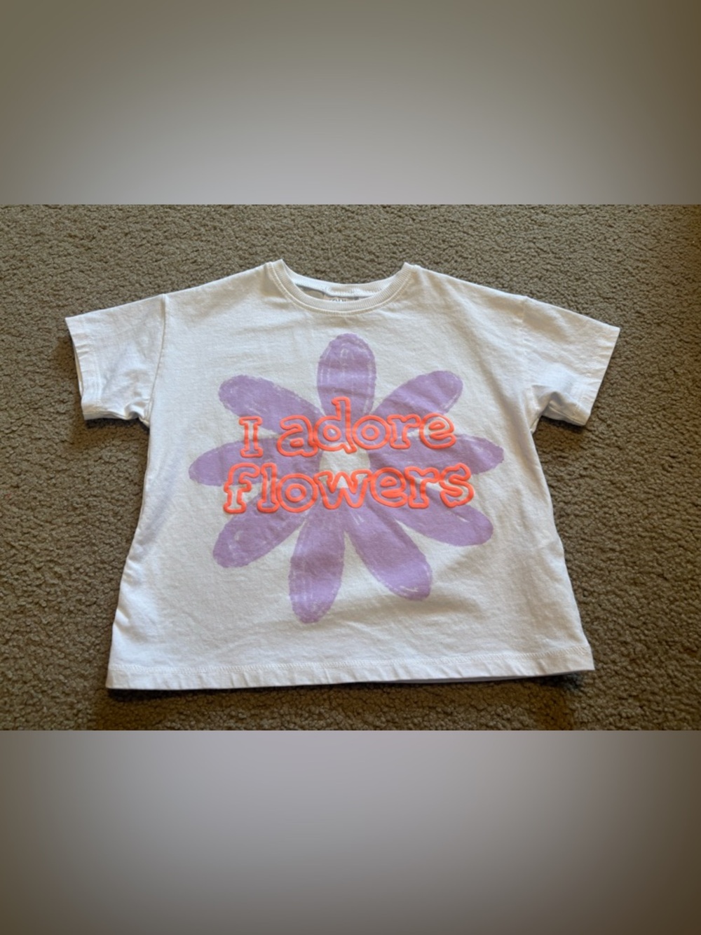 Zara kids White Tee with Purple Daisy and Neon Pink 'I Adore Flowers' Graphic